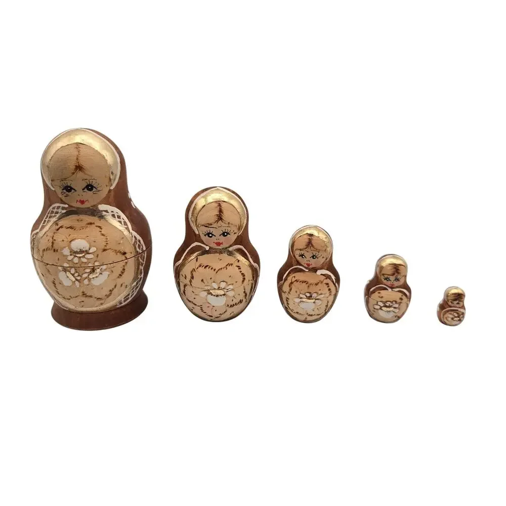 5 Piece Russian Nesting Doll Set w/Gold Accents Hand Painted hand carved wood